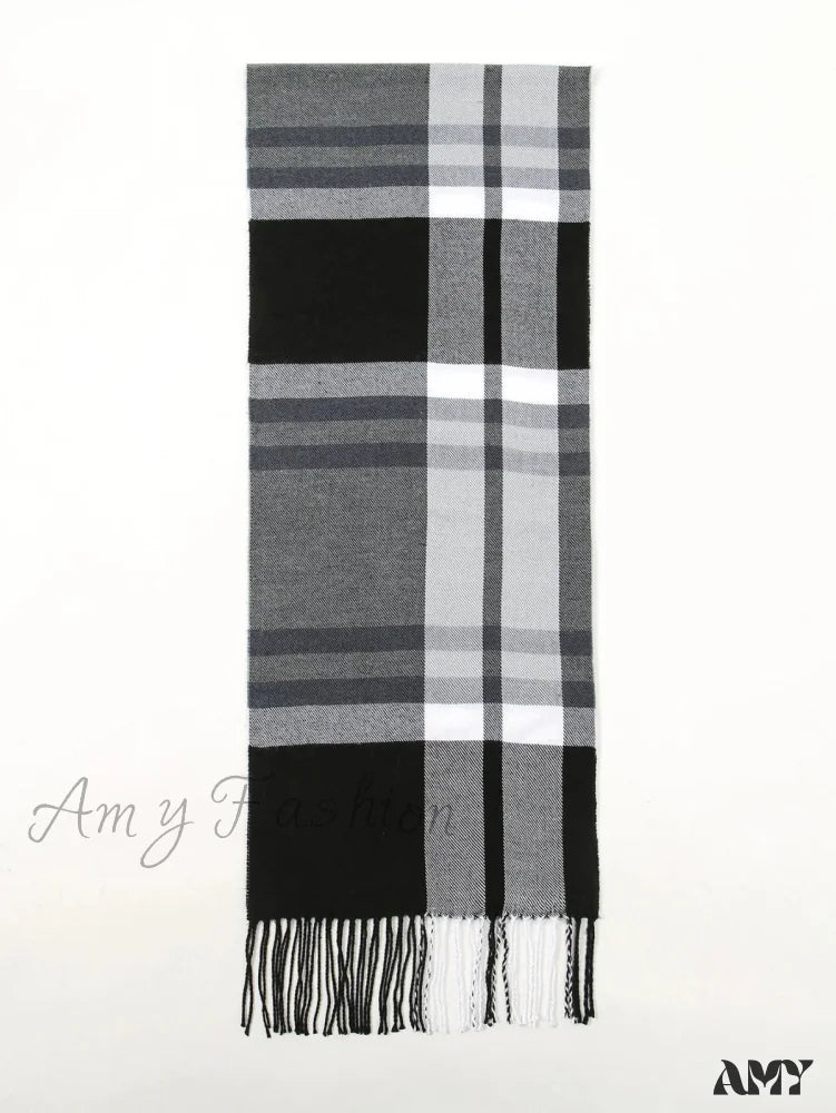 Plaid Print Cashmere Winter Pashmina Scarf With Tassels Grey 1