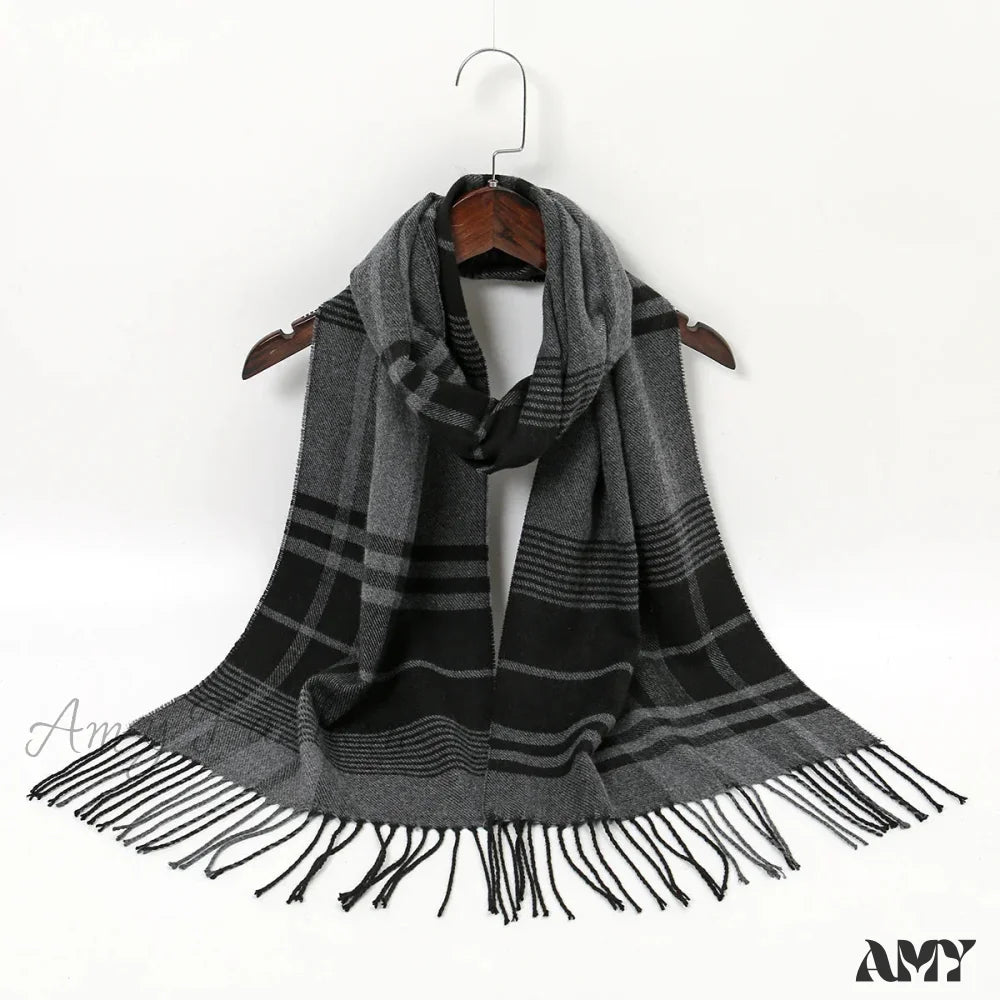 Plaid Print Cashmere Winter Pashmina Scarf With Tassels Grey 2