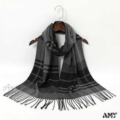 Plaid Print Cashmere Winter Pashmina Scarf With Tassels Grey 2