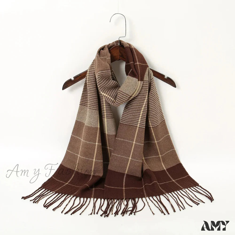 Plaid Print Cashmere Winter Pashmina Scarf With Tassels Khaki