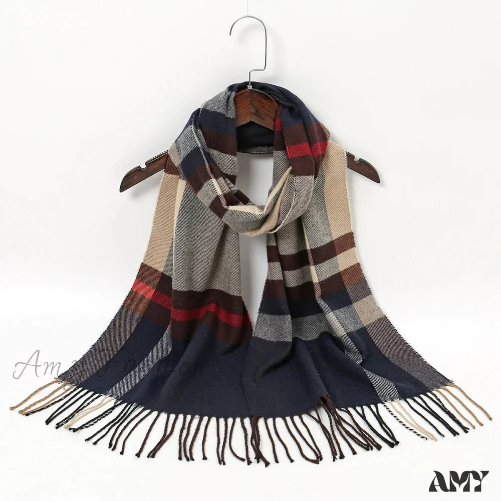 Plaid Print Cashmere Winter Pashmina Scarf With Tassels Red 1