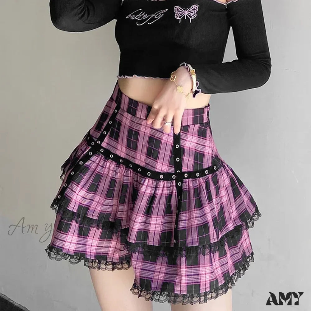 Plaid Skirt Pleated Japanese Cake Lolita Purple Pink Gothic Harajuku