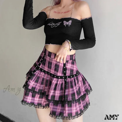 Plaid Skirt Pleated Japanese Cake Lolita Purple Pink Gothic Harajuku