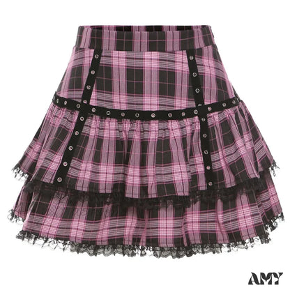 Plaid Skirt Pleated Japanese Cake Lolita Purple Pink Gothic Harajuku Purple / S