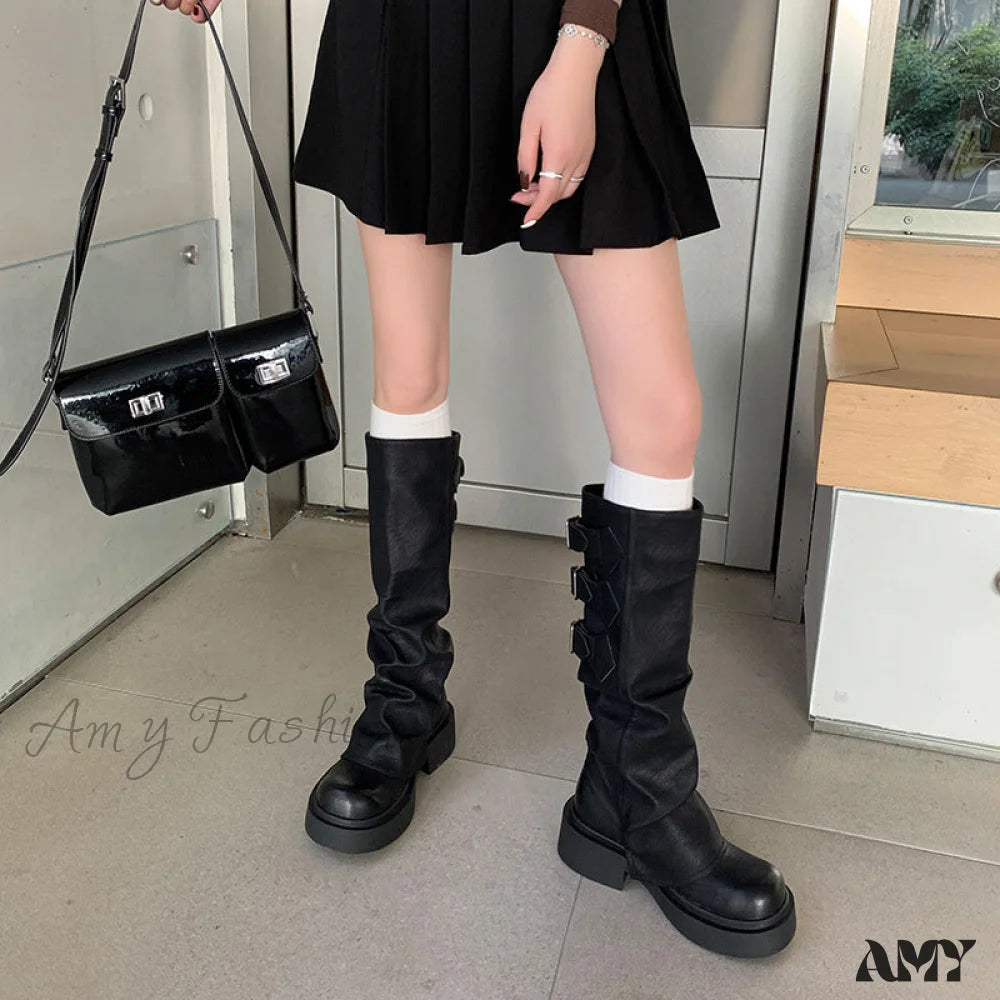 Platform Chunky Thick Sole Vintage Rider Boots Autumn Winter 2024 Slimming Brown Belt Buckle