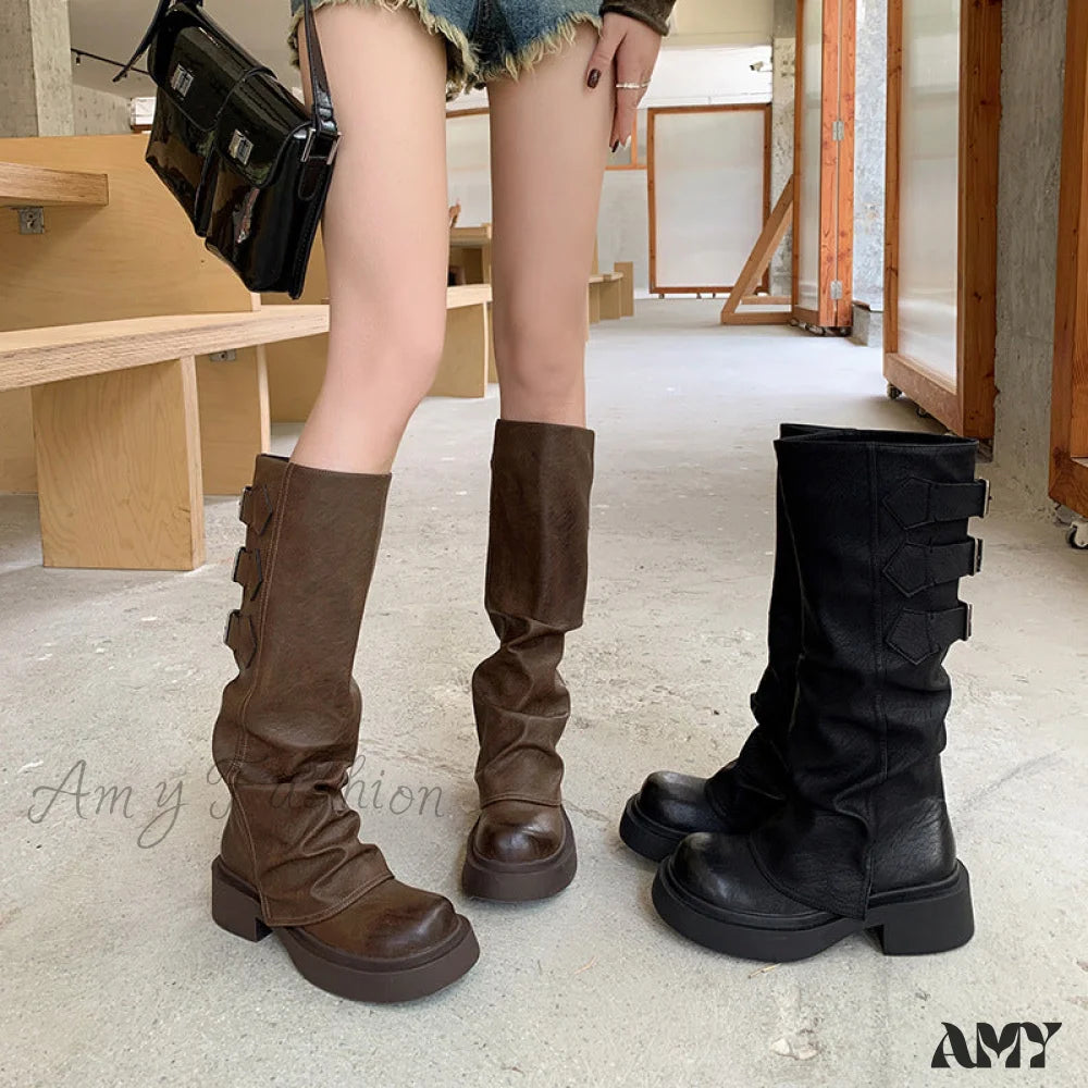 Platform Chunky Thick Sole Vintage Rider Boots Autumn Winter 2024 Slimming Brown Belt Buckle