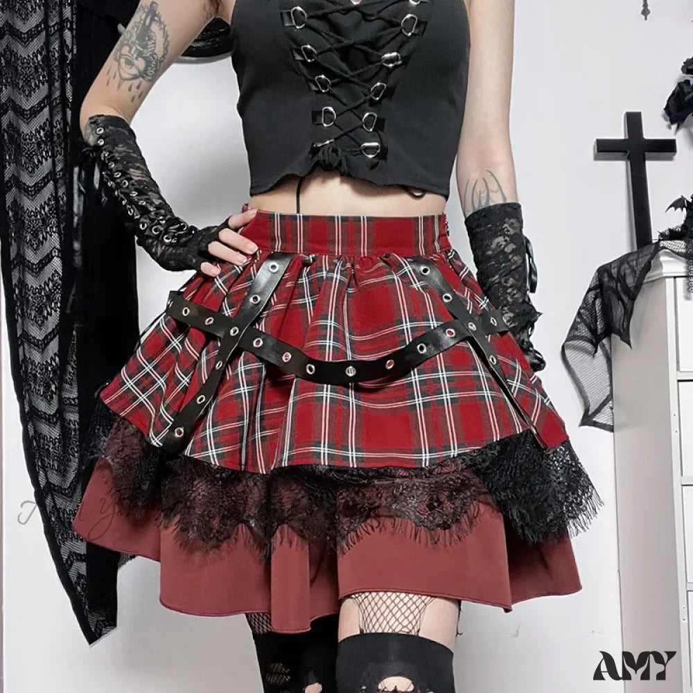 Pleated Gothic Cake Sweet Y2K Plaid Lace Skirt Girls Mini Harajuku Lolita Kawaii