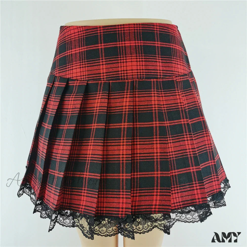 Pleated Gothic Vintage Contrast Y2K Plaid Style Clothes Harajuku Skater Sexy Skirt New Lace England