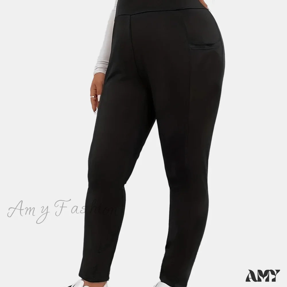 Plus Size Casual Everyday Stretch Fashion Solid Color Pocket Yoga Leggings Black / 1Xl