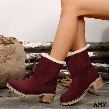 Plus Size Fleece Warm Chunky Mid Heel Short Martin Snow Boots Autumn Winter 2024 Shoes Wine Red / 36