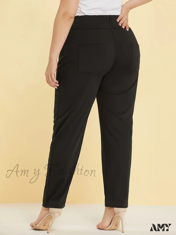 Plus Size Knitted Fabric Casual Slit Design Straight Pants