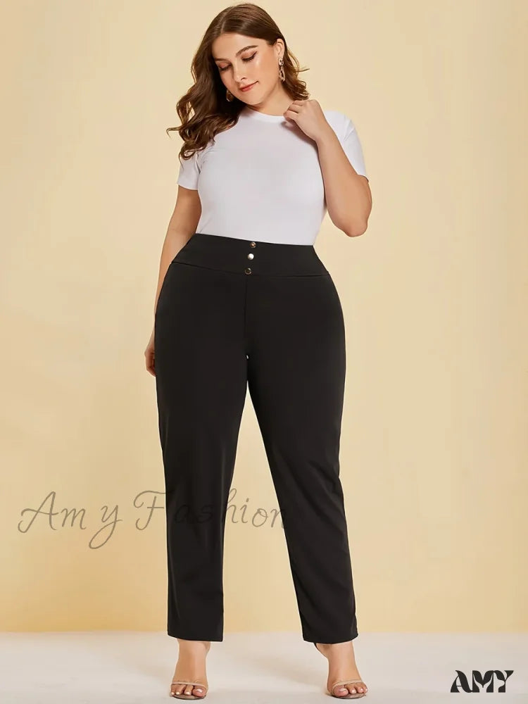 Plus Size Knitted Fabric Casual Slit Design Straight Pants