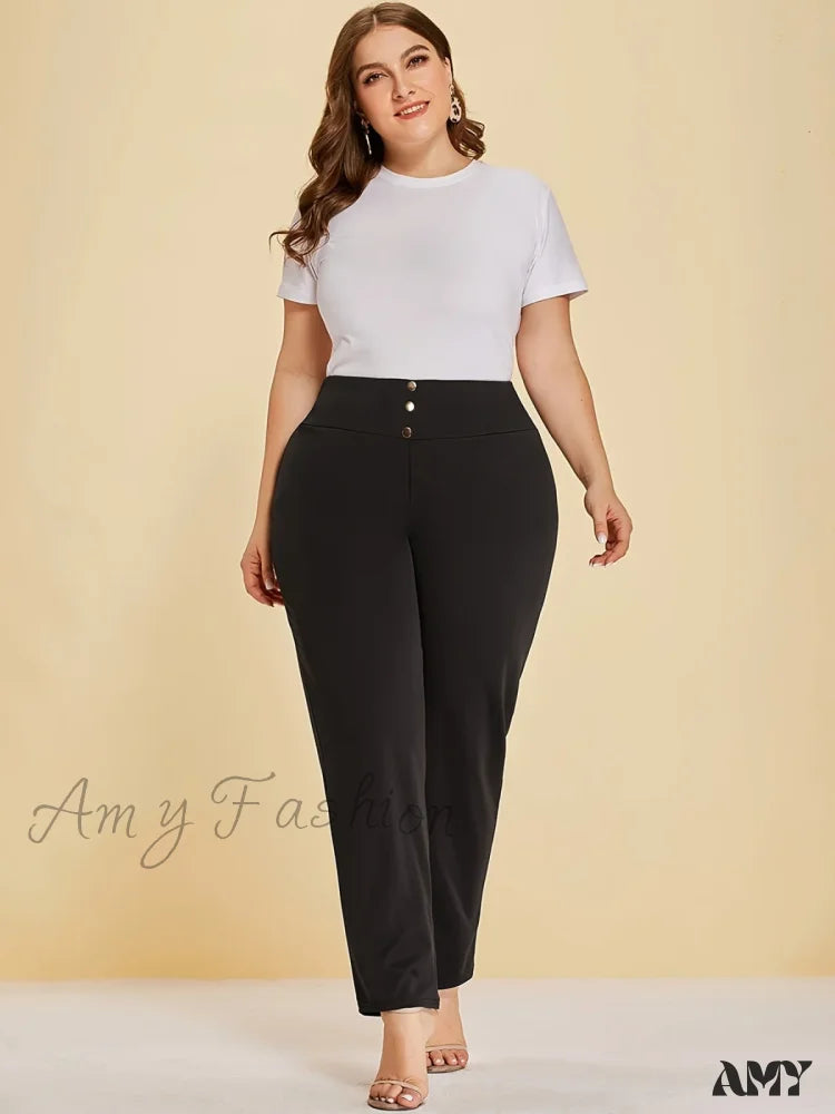 Plus Size Knitted Fabric Casual Slit Design Straight Pants