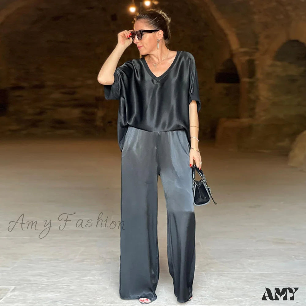 Plus Size Loose V-Neck Casual Wide-Leg Pants Suit