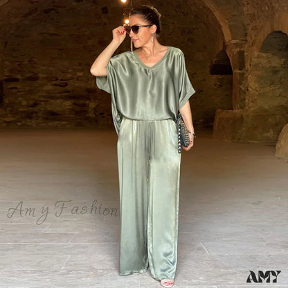 Plus Size Loose V-Neck Casual Wide-Leg Pants Suit