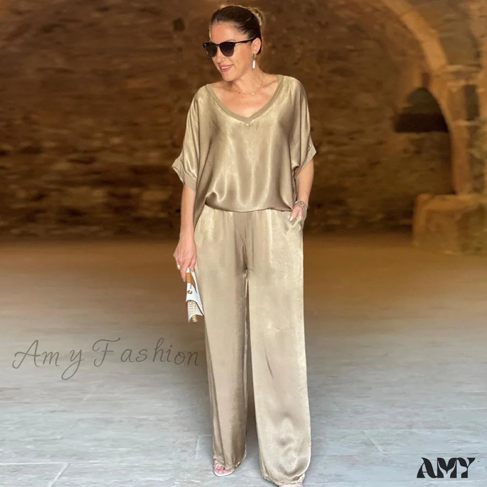 Plus Size Loose V-Neck Casual Wide-Leg Pants Suit