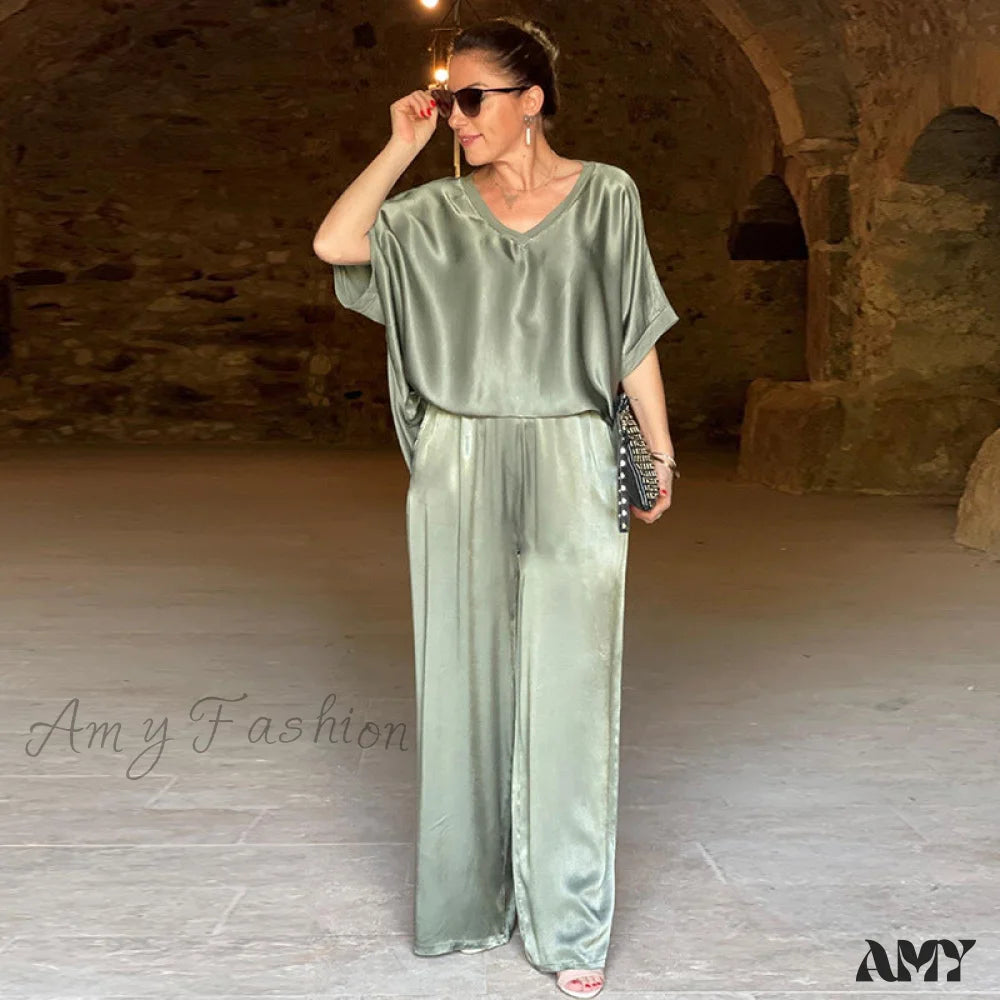 Plus Size Loose V-Neck Casual Wide-Leg Pants Suit Olive / S