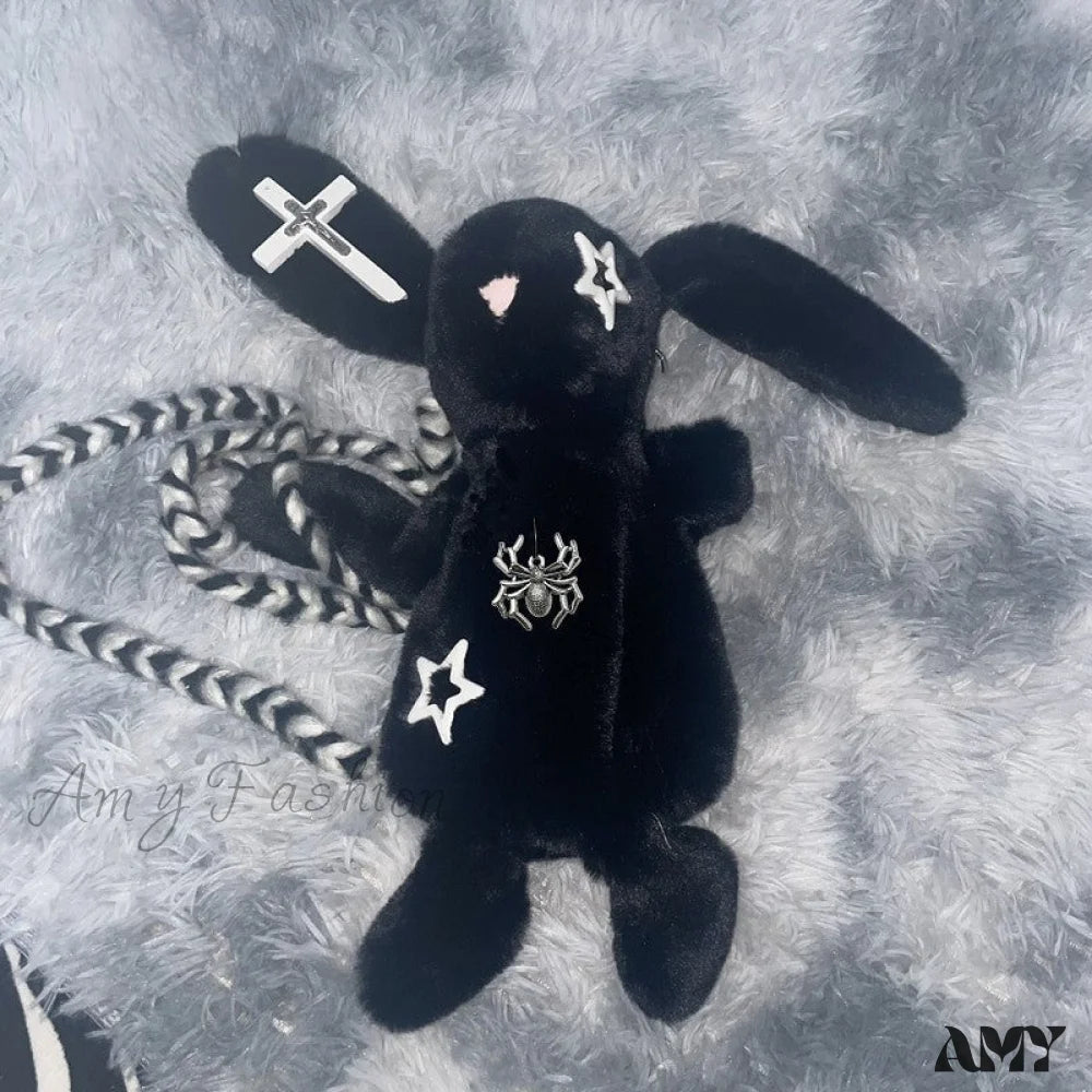 Plush Bunny Harajuku Punk Crossbody Chain Soft Shoulder Bag Y2K Backpack Gothic Black