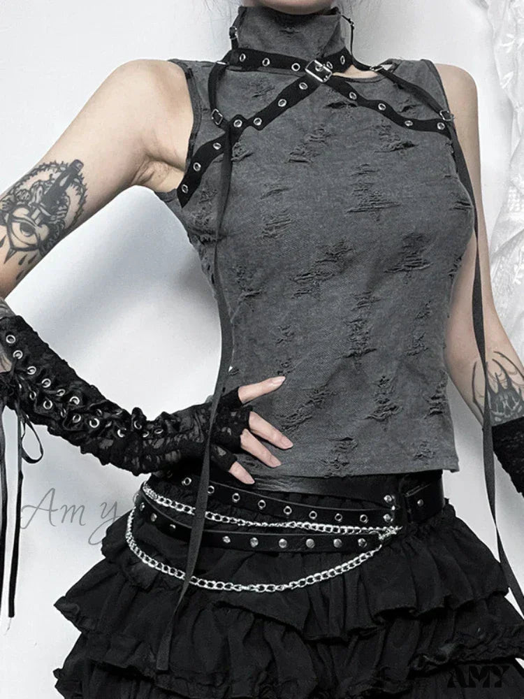 Pointed Star Sexy Retro Crop Top Vintage Sleeveless Gothic Punk Five Print