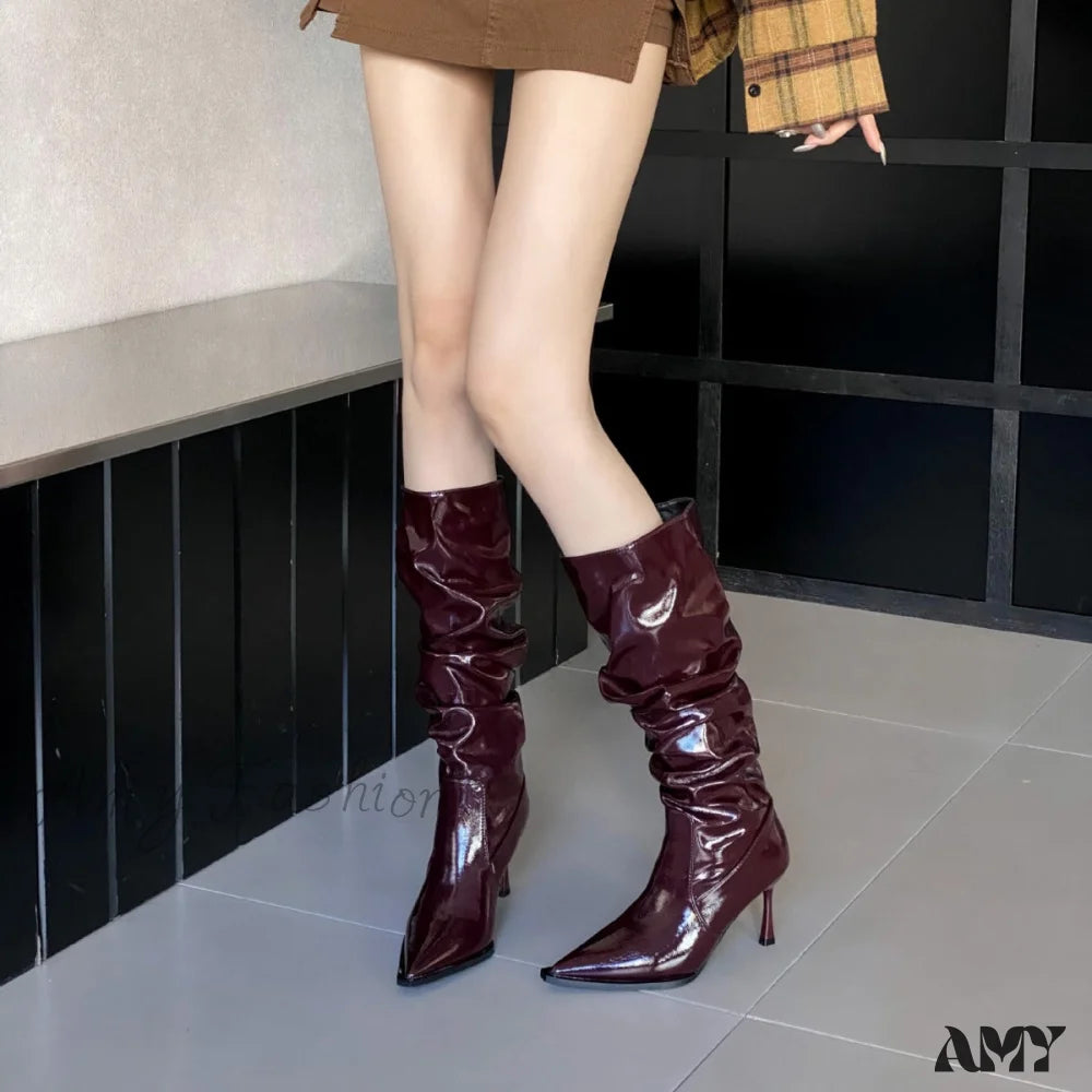 Pointed Toe Ruched Over-Knee High Heel Long Tube Rider Boots Autumn Winter 2024 Women’s Shoes