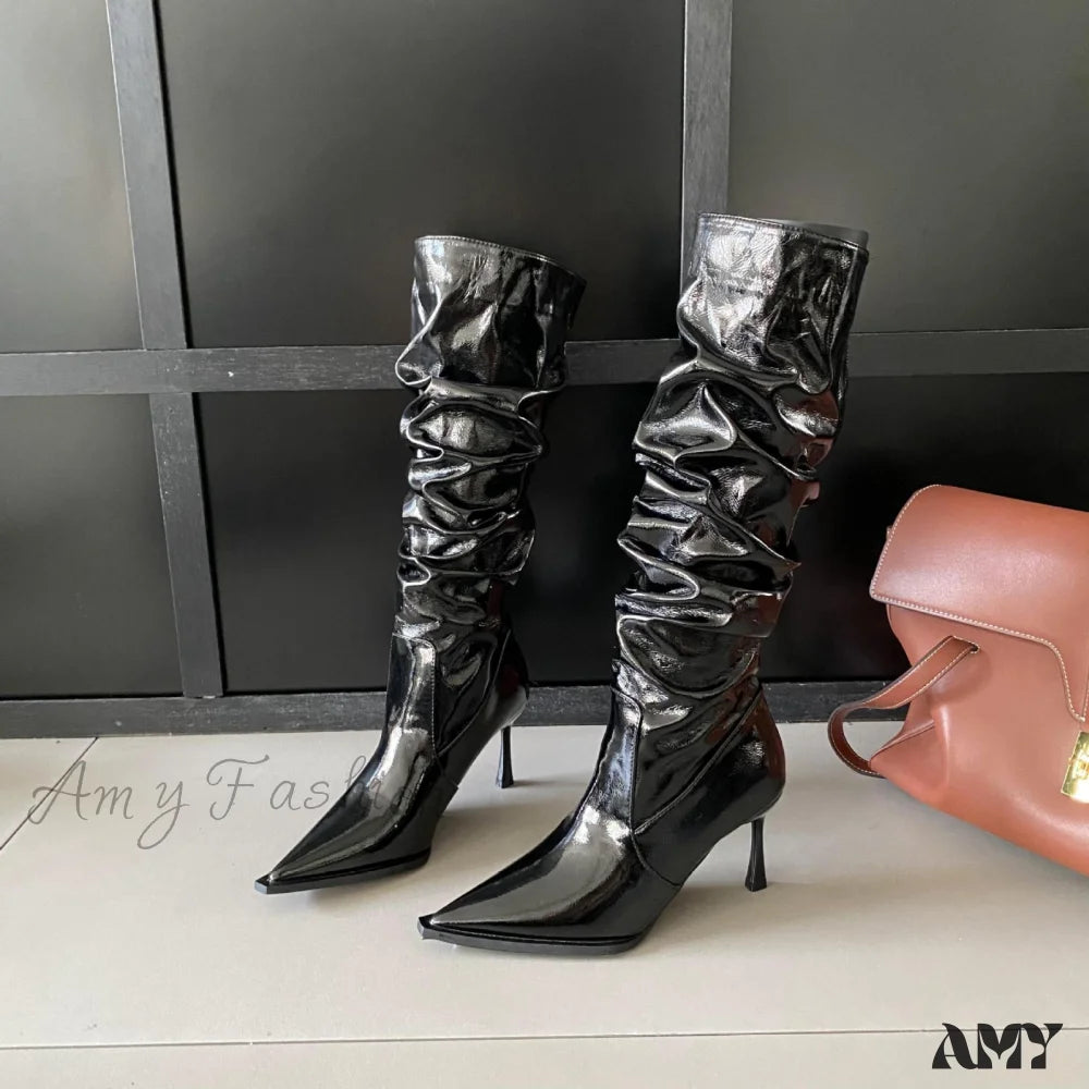 Pointed Toe Ruched Over-Knee High Heel Long Tube Rider Boots Autumn Winter 2024 Women’s Shoes