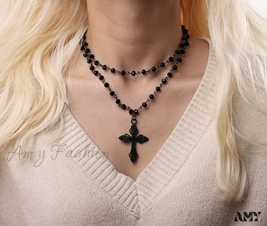 Popular Exaggerated Necklace Cross Gothic Dark Layered Black