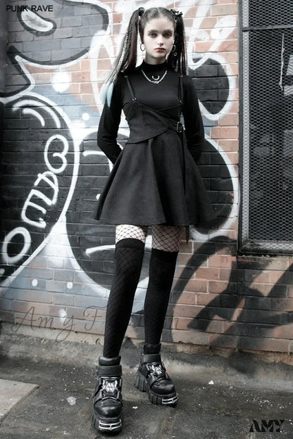 Pretend Waist Sealing Tight-Waist Braces Overskirt High-Waist A-Line Daily Sling Black Gothic Dress