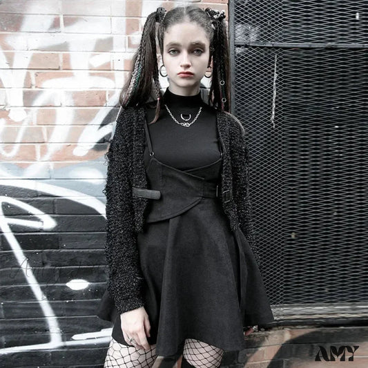 Pretend Waist Sealing Tight-Waist Braces Overskirt High-Waist A-Line Daily Sling Black Gothic Dress