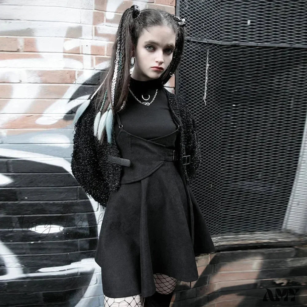 Pretend Waist Sealing Tight-Waist Braces Overskirt High-Waist A-Line Daily Sling Black Gothic Dress