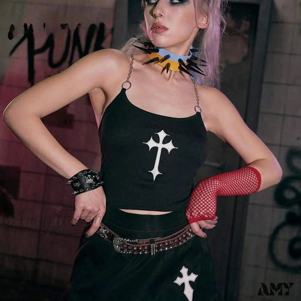 Print Chain Cross Black Mysterious Top Sexy Crop