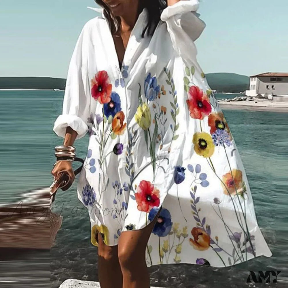 Print V-Neck Long Sleeve Loose Dress 09 Flowers Style 3 / S