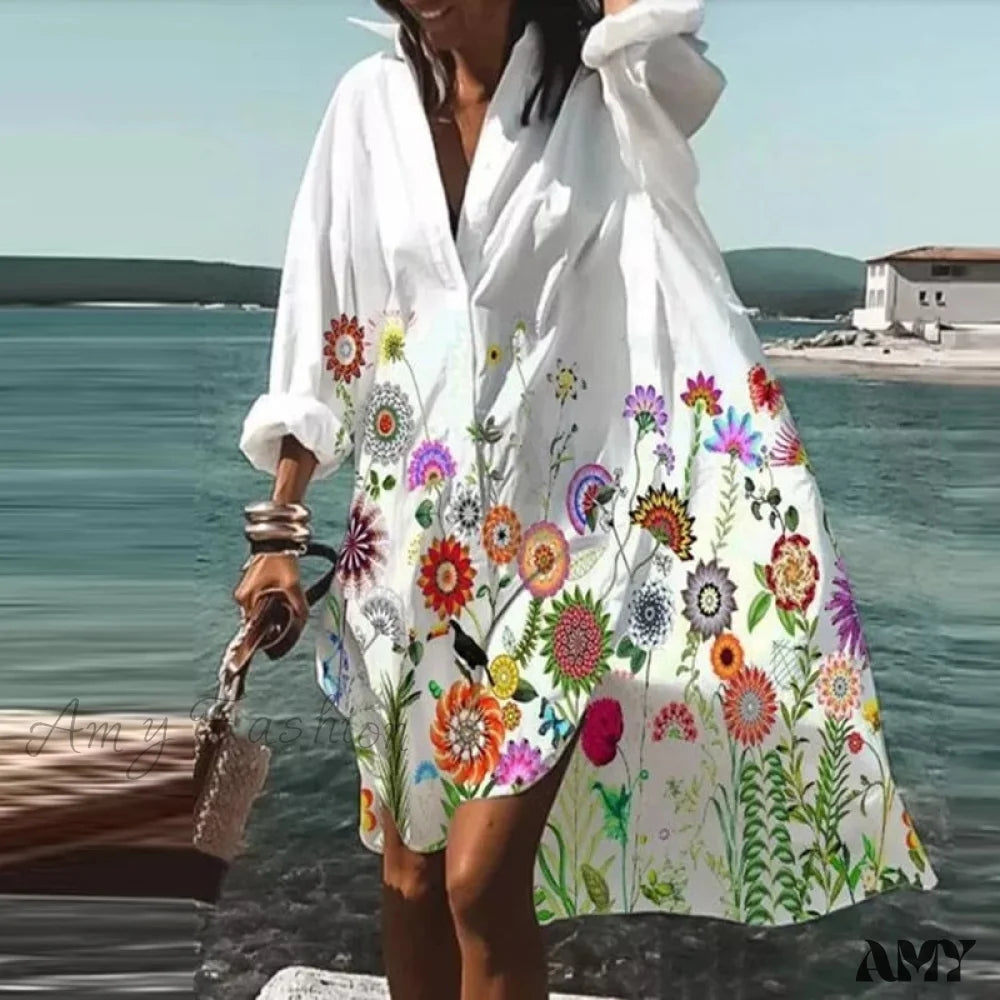 Print V-Neck Long Sleeve Loose Dress 15 Butterfly Style 3 / S