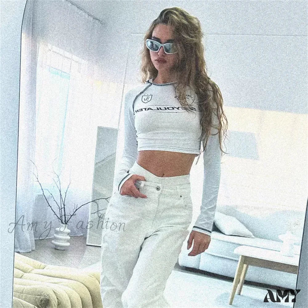 Printed Motorcycle Slim Fit Retro Tight Long Sleeve Crop Top