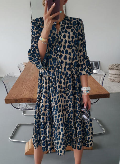 Amy Fashion - Print Mid-Sleeve Long Print Temperament All-Match Dress