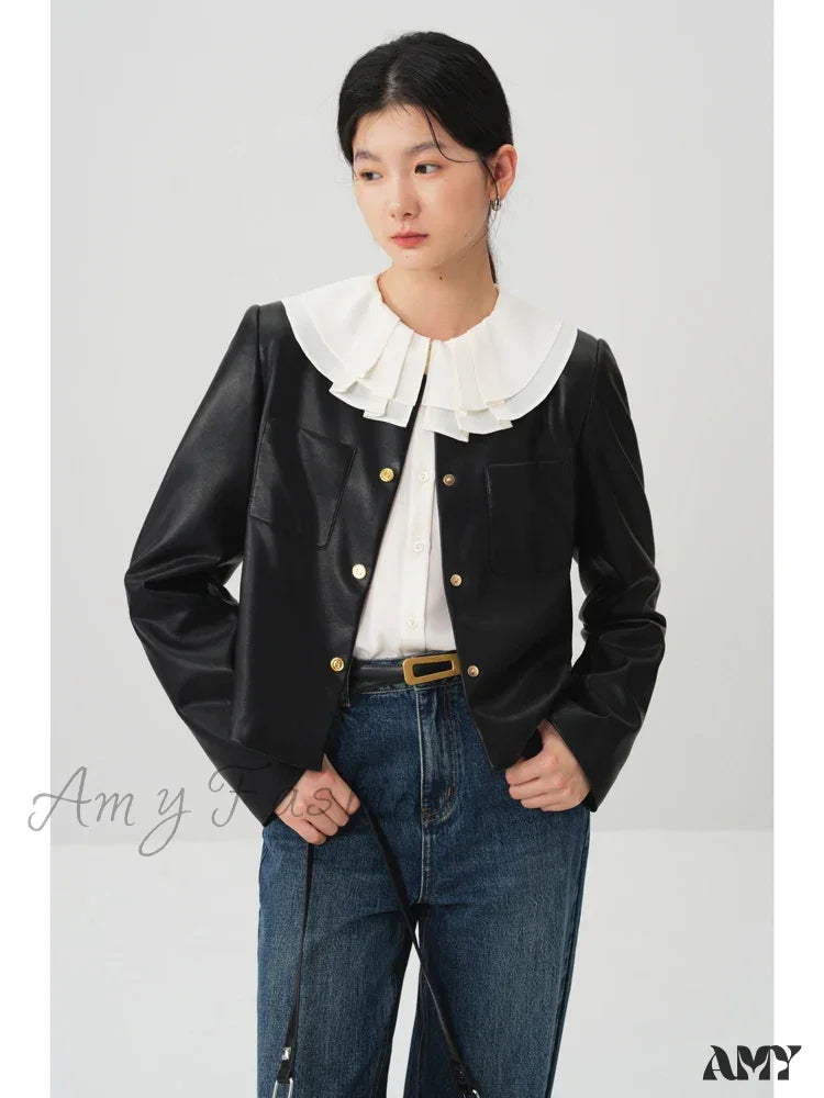 Pu Leather Round Neck Simple Black Short Spring Front Shoulder Female Jacket