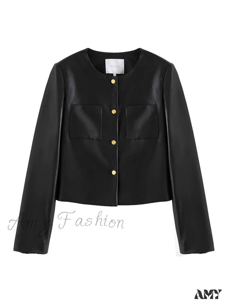 Pu Leather Round Neck Simple Black Short Spring Front Shoulder Female Jacket