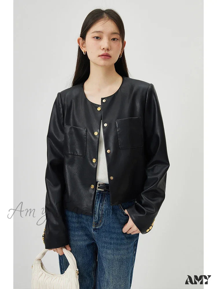 Pu Leather Round Neck Simple Black Short Spring Front Shoulder Female Jacket