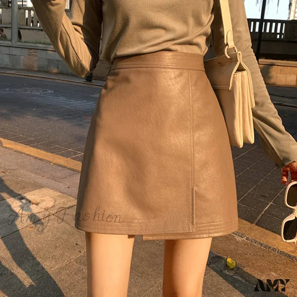 Pu Sexy Solid Split Fashion Asymmetrical Casual Slim High Waist Skirt Khaki / S