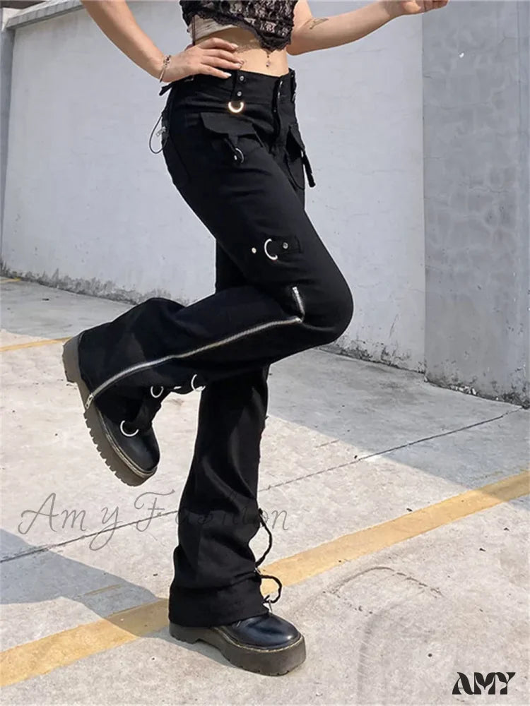 Punk Cargo Y2K Pants Zipper Rivets Leggings Black Techwear