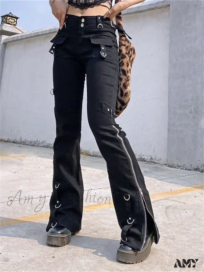 Punk Cargo Y2K Pants Zipper Rivets Leggings Black Techwear