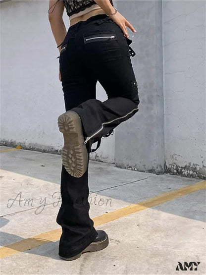 Punk Cargo Y2K Pants Zipper Rivets Leggings Black Techwear