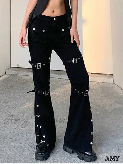 Punk Cargo Y2K Pants Zipper Rivets Leggings Black Techwear Pants3 / S