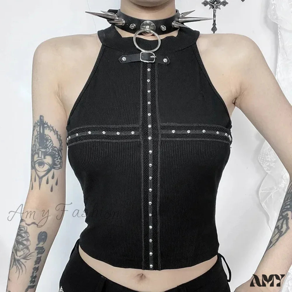 Punk Crop Shoulder Streetwear Off Top Backless Black / S