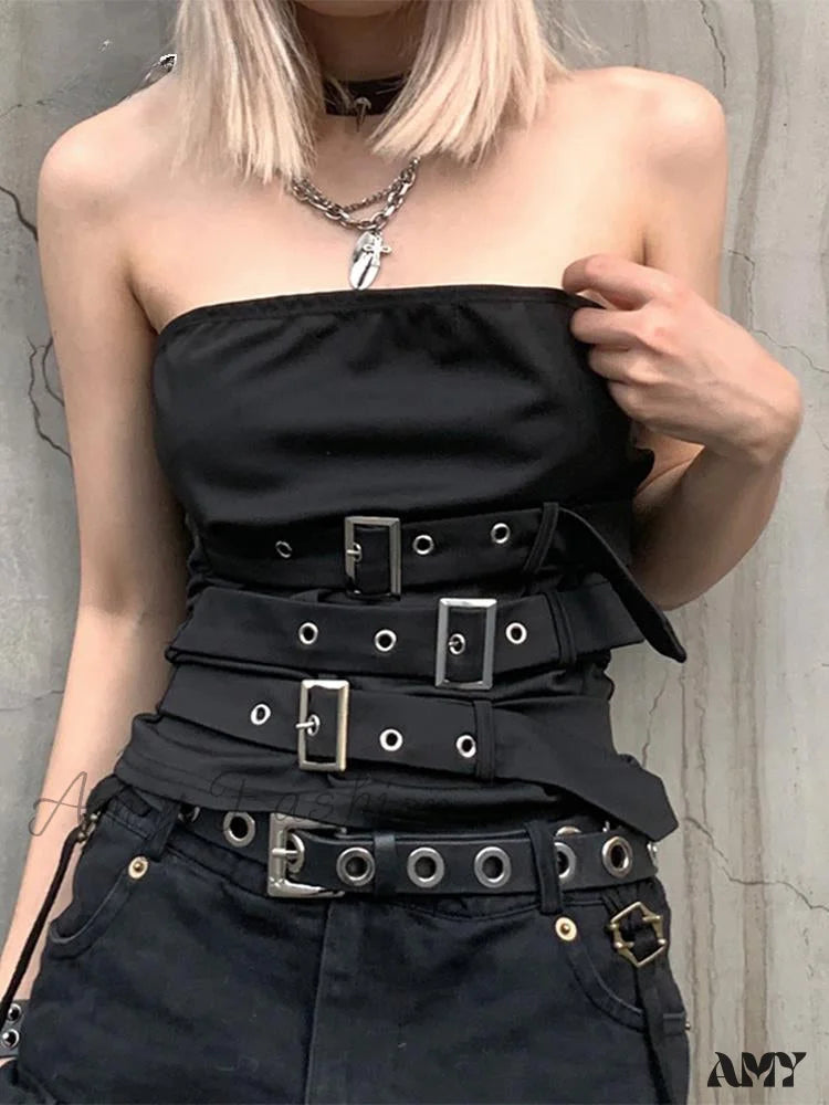 Punk Crop Top Gothic Black Design Bandage Eyelet Sleeveless