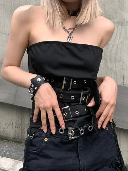 Punk Crop Top Gothic Black Design Bandage Eyelet Sleeveless