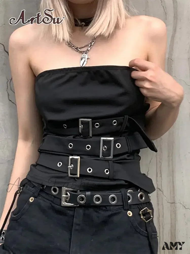 Punk Crop Top Gothic Black Design Bandage Eyelet Sleeveless / S