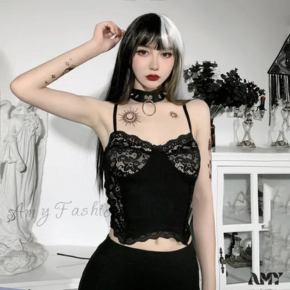 Punk Gothic Suspender Crop Top Lace