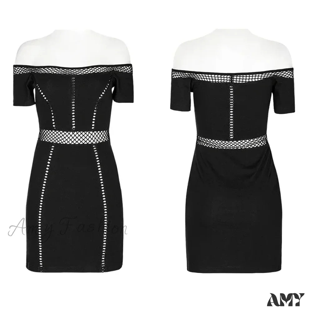 Punk Horizontal Neck Sexy Slim Waist Perspective Mesh Spliced Charm Summer Gothic Dress