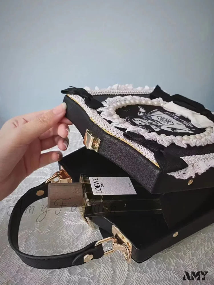 Punk Pearl Imitation Satchels Vintage Lace Black White Bowtie Doll Bag