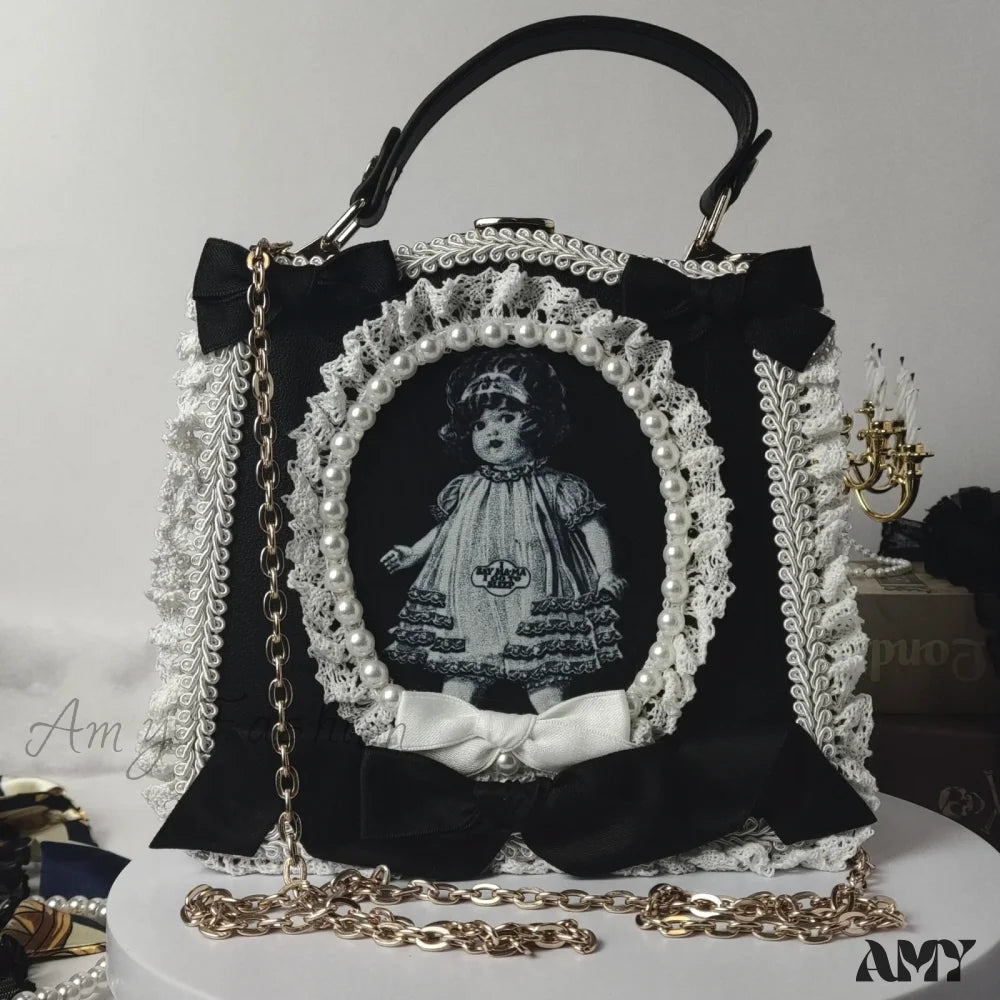 Punk Pearl Imitation Satchels Vintage Lace Black White Bowtie Doll Bag Black